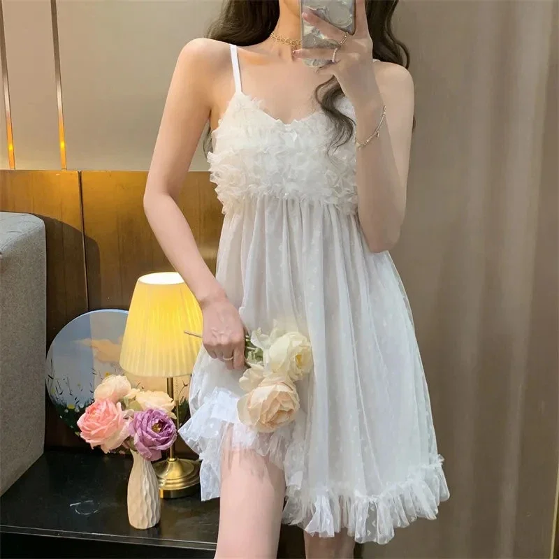 

Night Dress Women Sexy Sleepwear Summer With Chest Pad Woman Dresses Little Fairy Suspenders Nightdress French Sweet Home Wear