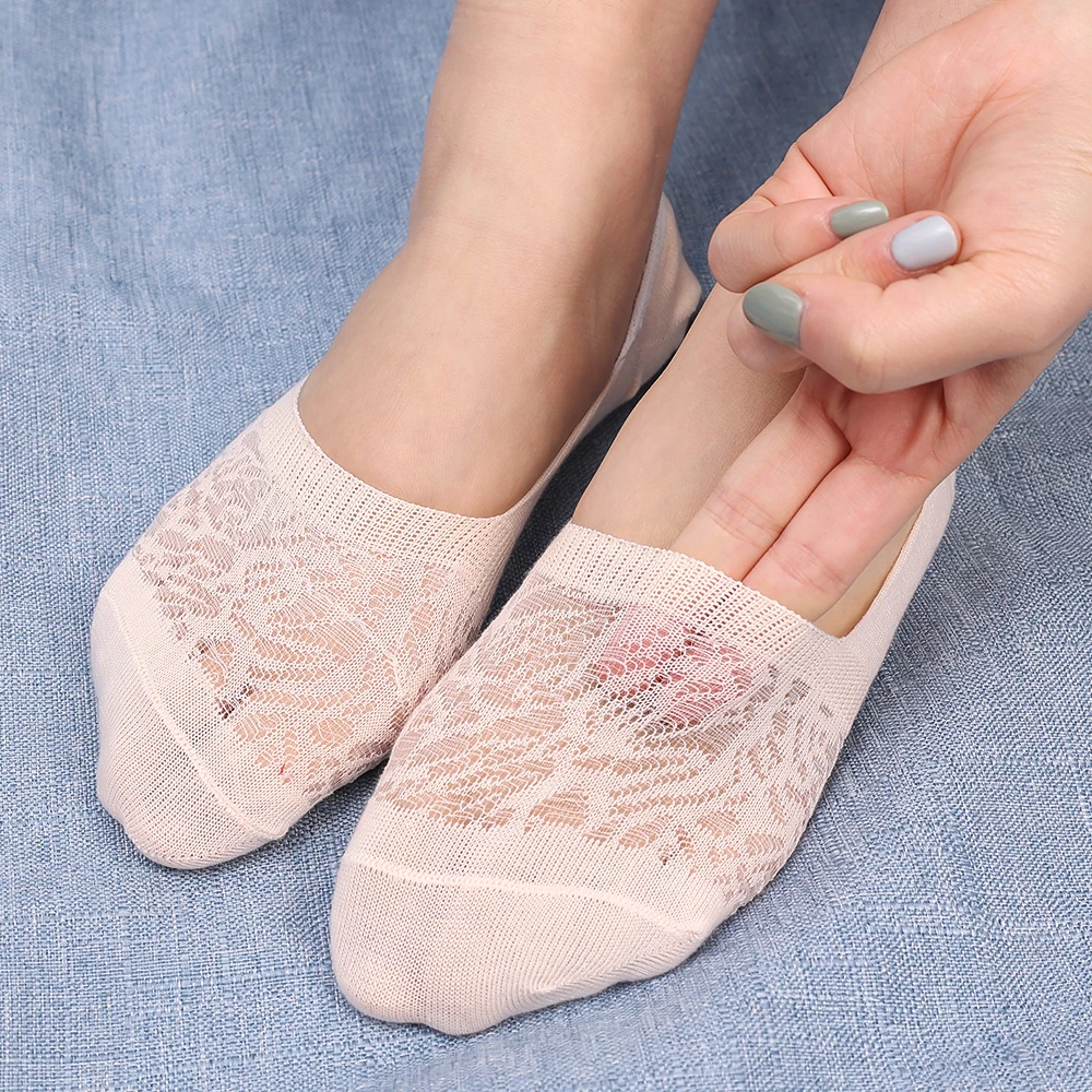 5pairs Women Boat Socks Summer Invisible Mesh Ankle Short Stockings Silicone Non-slip Breathable Lace Solid Low Tube Cotton Sock