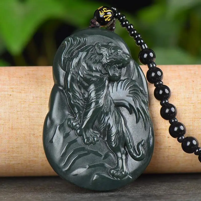 

41*60mm Green Jade Tiger Pendant Necklace Men Women Fine Jewelry Nephrite Hetian Jades Tiger Charm Sweater Chain Lucky Amulet