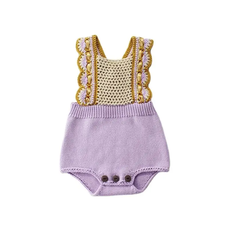 Baby Girl Vintage Boho Style Ruffled Jumpsuit Cotton Sleeveless Knitted Bodysuit Lillac Sweater Knitwear