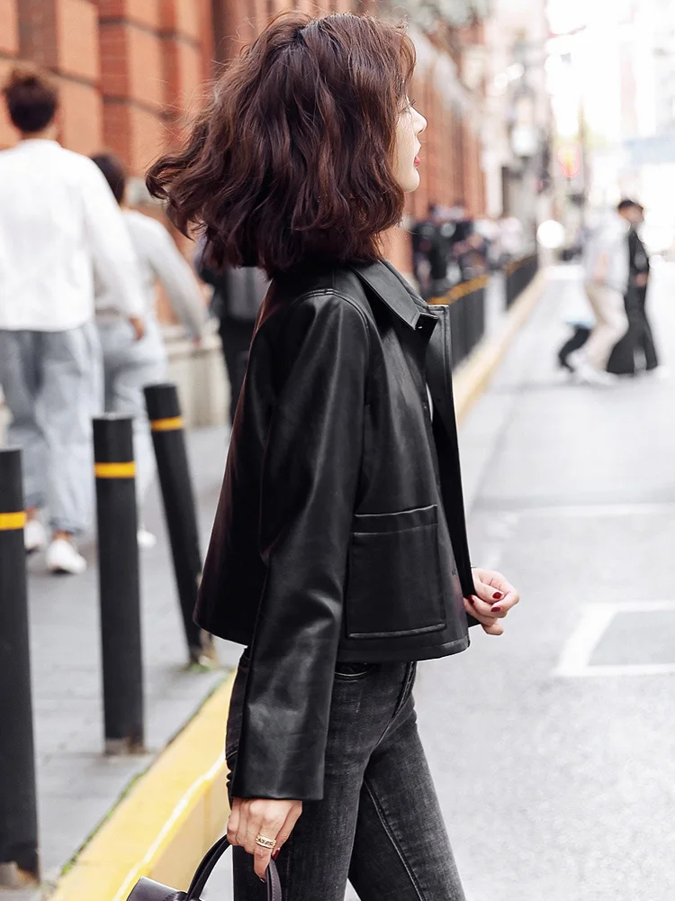 New Women Short Leather Jacket Spring Autumn Fashion Shirt Collar Single Breasted Slim Short Leather Coat Sheepskin Biker Jacket