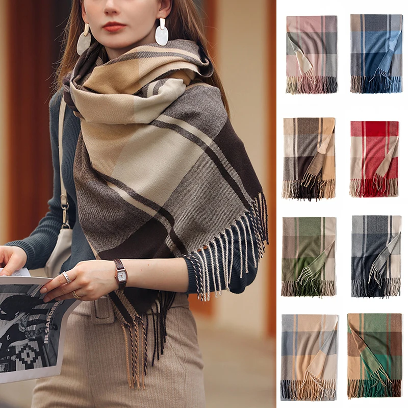 

2023 New Women Plaid Scarf Winter Pashmina Shawls Cashmere Thick Wraps Lady Tassel Warm Scarves Rainbow Hairy Bandana Blanket