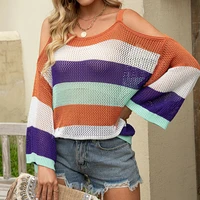 casual loose women hollow out sweaters 2022 new fashion sexy off shoulder long sleeve jumpers spaghetti strap lady tops hot sell