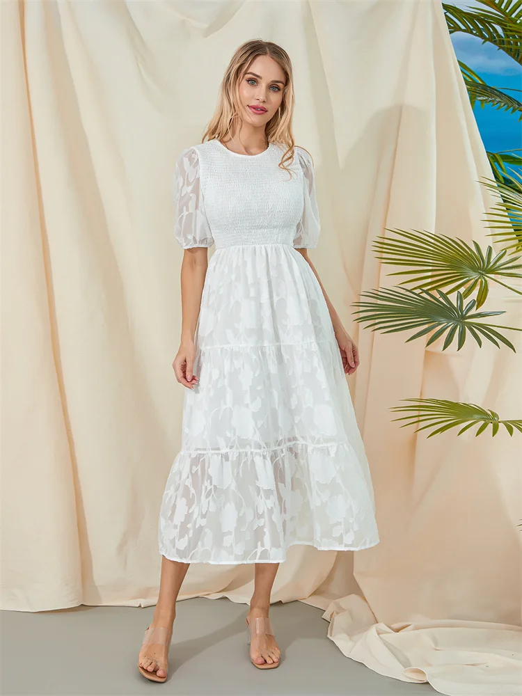 

Women Summer Puff Sleeve Dress Crewneck Smocked Sundress Lace Pleated Tiered Swing Boho Beach Dress Fairycore Retro Dresses