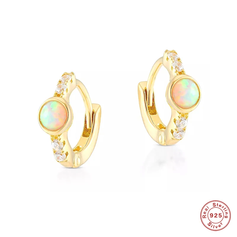 

Aide 925 Sterling Silver Green Opal White CZ Zircons Pave Setting Huggie Earrings For Women Versatile 9mm Circle Cartilage Hoops