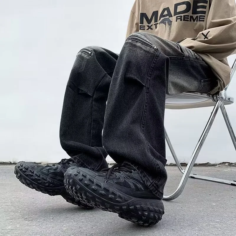 DEEPTOWN Black Straight Jeans Men Zipper Pockets Denim Pants Loose Casual Blue Trousers Male Streetwear Hip Hop Punk Spring