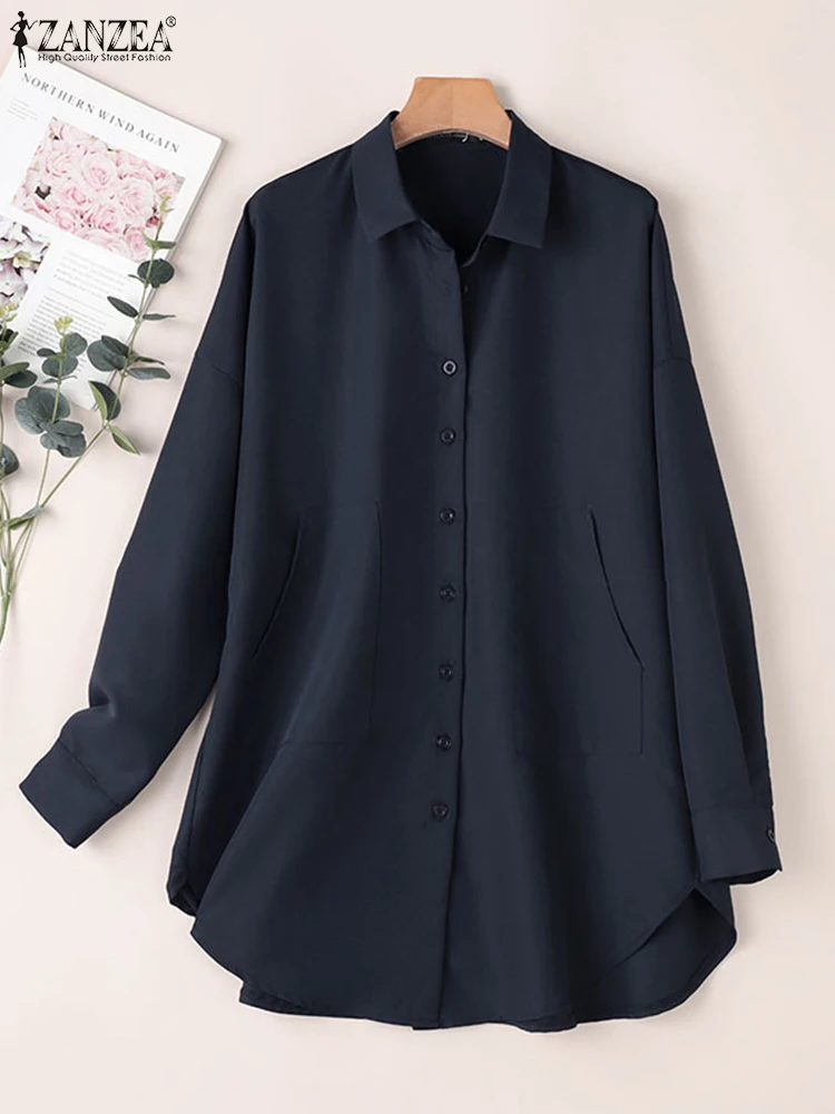 Корейские модные повседневные рубашки ZANZEA для отдыха однотонные женские длинные