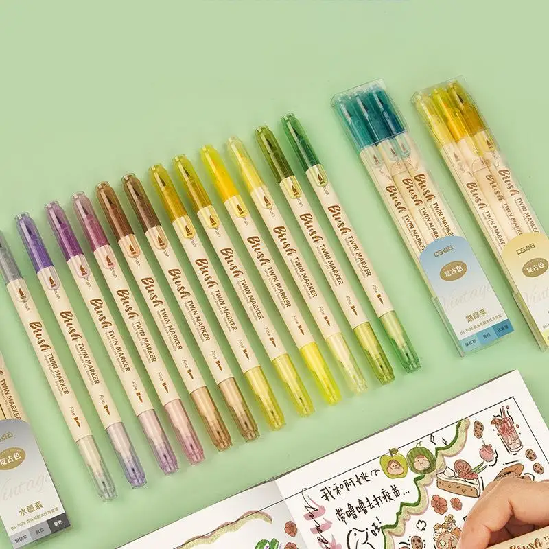 /set Double Headed Highlighter Soft Brush Painting Drawing Pen Color Marker Pen Office School Supplies Japanese Stationery