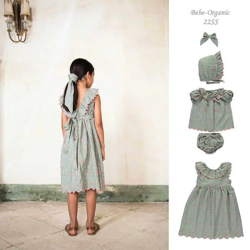 

Children's Dress 22 Summer New Beo Cotton and Linen Plaid Embroidery Series Sleeveless Dress Suit Hat Girl Blouse Bloomers