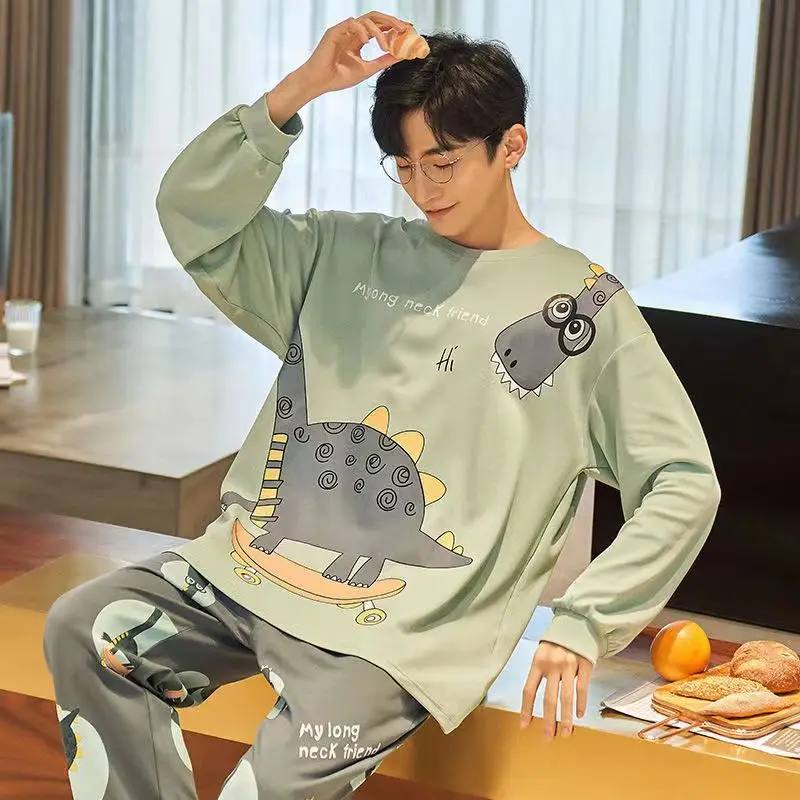Spring Autumn Pajama for Men Nightwear 2pcs Casual Homesuit Long Sleeves Cartoon Dinosaur Printed Pijama for Young Man Leisure