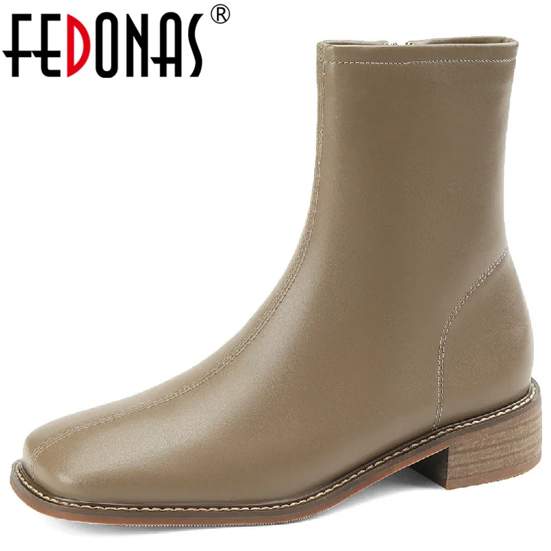 

Женские ботильоны с квадратным носком FEDONAS, Черные полусапожки из натуральной кожи на толстых каблуках, Повседневная офисная обувь на осень...