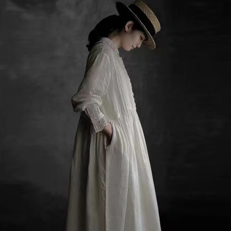 Женское льняное платье с вышивкой Johnature свободное винтажное отложным воротником