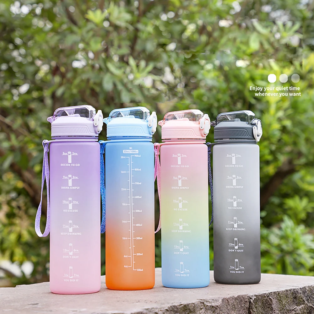 

YCONTIME 1000ml Sports Water Bottle Motivational Plastic Kettle With Lids＆Straw Suitable For Camping Travel Bottle With Scale