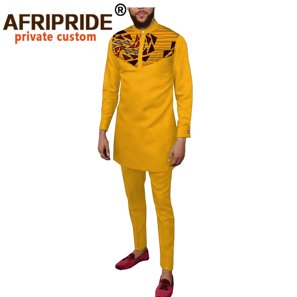 Men`s Casual African Traditional Clothing Set Dashiki Print Shirt and Pants Suit Wax Batik Attire AFRIPRIDE A2016001B