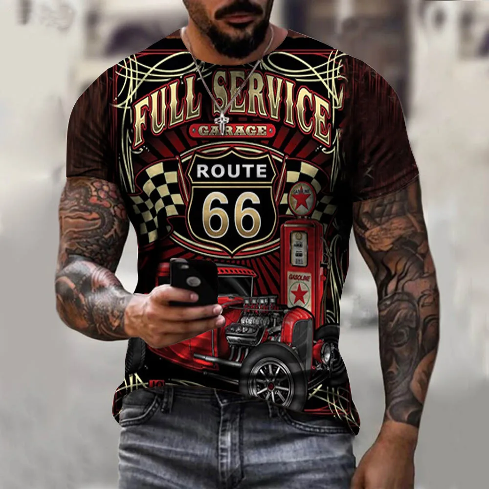 

2022 summer New Route 66 3D street print T-shirt men Casual short sleeve round neck large size black T-shirt XXS-6XL