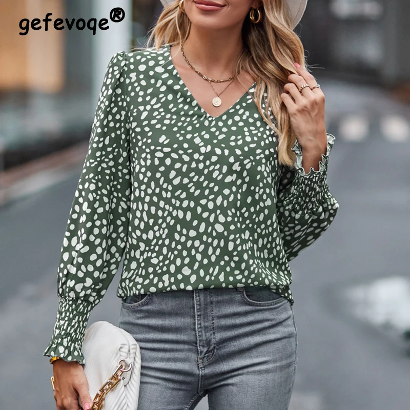 

Women Dot Print V Neck Elegant Blouses Autumn Office Lady Long Sleeve Casual Shirts Loose Streetwear Tops Blusa Mujer Moda 2023