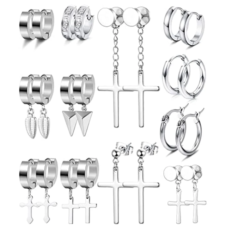 

12 пар сережек из нержавеющей стали для мужчин и женщин, стальные серьги, серьги, петля, кольцо, подвеска, серьги с крестом