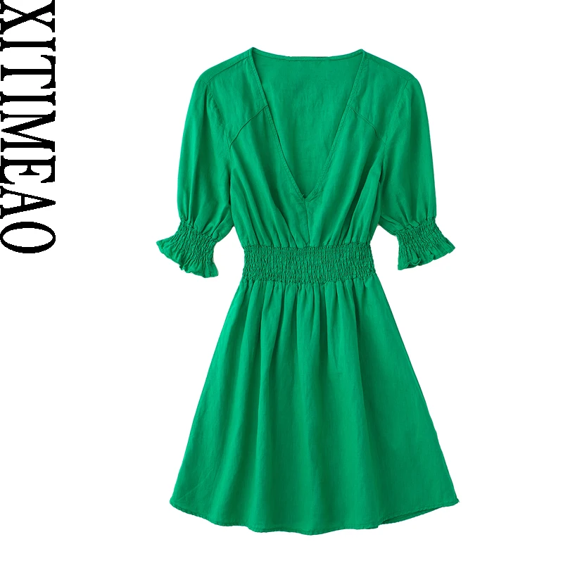 

Xitimeao женское модное с эластичной талией льняное зеленое мини-платье винтажные женские платья с V-образным вырезом и коротким рукавом Vestidos ...