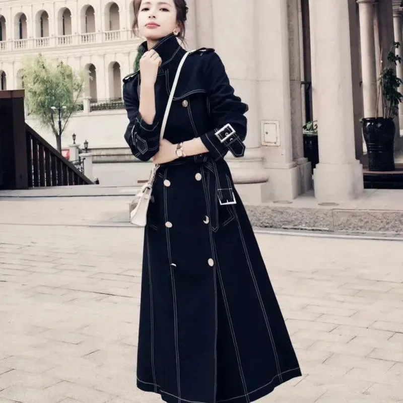 

Модное женское пальто-ветровка, Осеннее длинное однотонное пальто, двубортный Женский Тренч в Корейском стиле с поясом