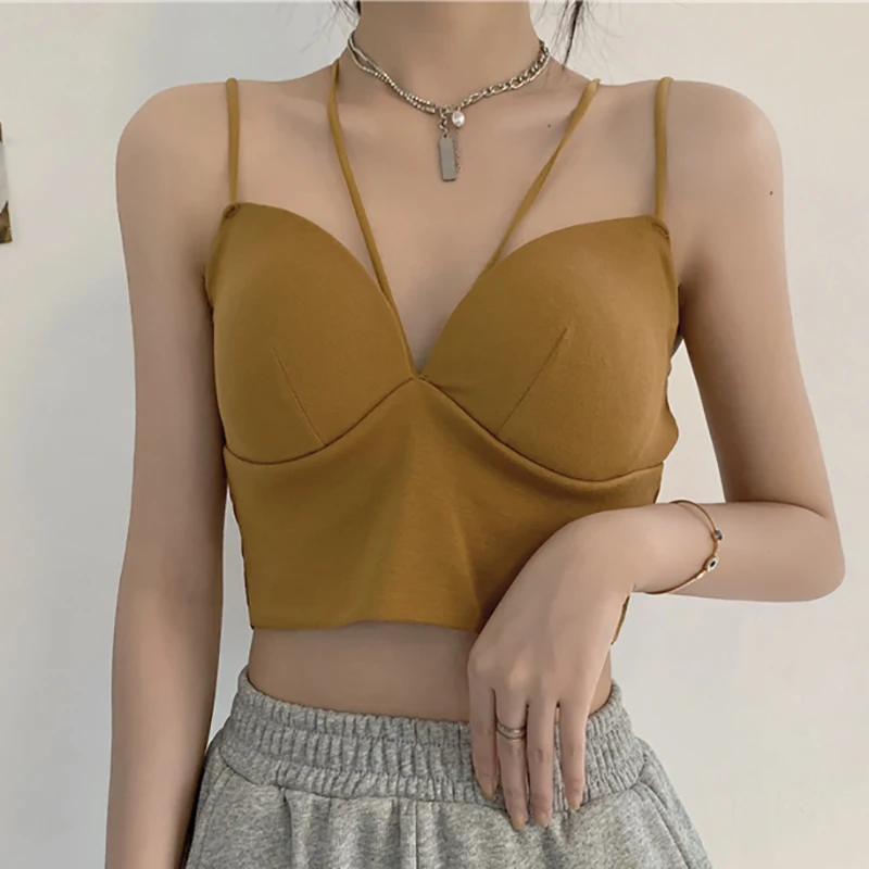 

Tank Tops Women Solid Basic Cross Backless Casual Cropped Feminino Sleeveless Halter V Neck Slim Short Summer Camisole Female
