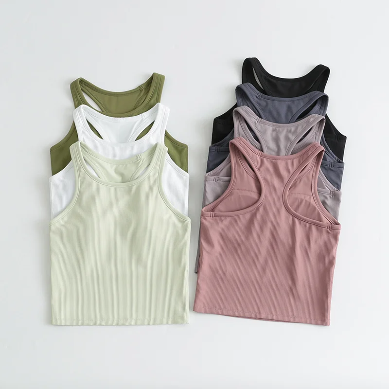 

Summer Ribbed Cropped Racerback Tank Top Women Sweat-wicking Light Support Built-in Bra Yoga Shirts Four-way Stretch Gym Wear