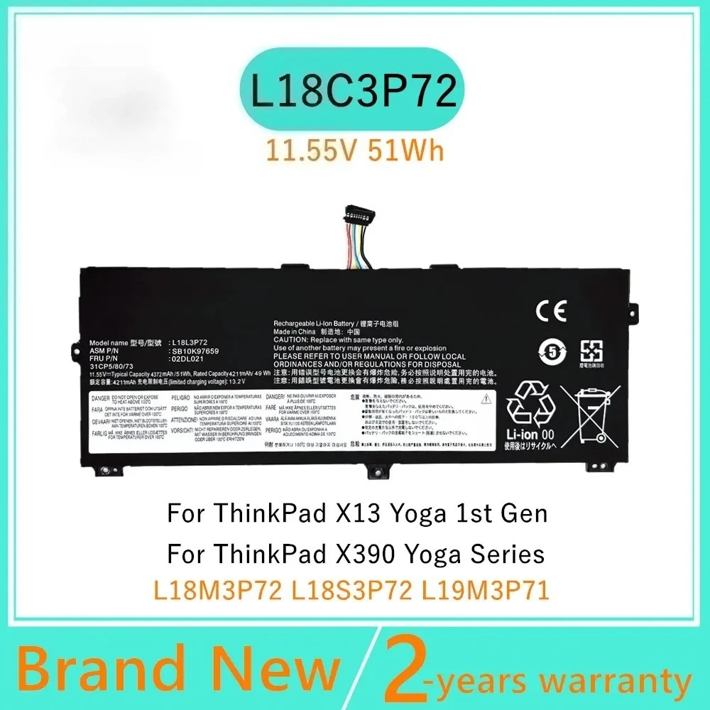 Фото Аккумулятор для ноутбука L18L3P72 для Lenovo ThinkPad X390 Yoga X13 Yoga 1-го поколения (2020) серии L18M3P72 L18S3P72 L19M3P71 02DL022 №1