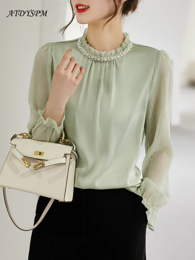 

Spring Summer Women's Elegant Shirts New Office Lady Long Sleeve Blouses Chic Beading Solid Female Casual Tops Blusas Mujer 2023