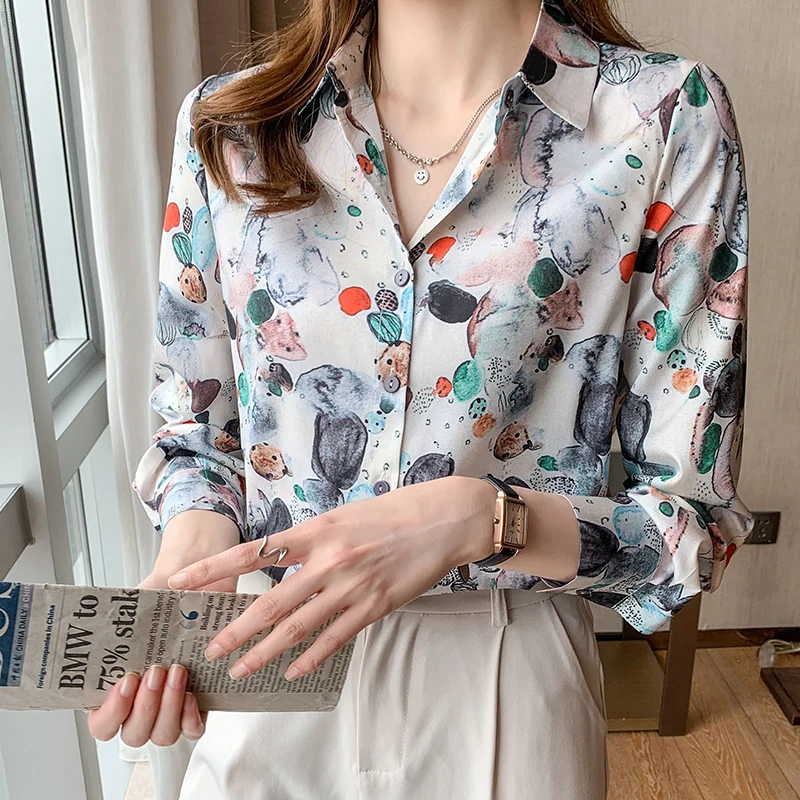 

Блузка женская шифоновая с длинным рукавом, Повседневная модная рубашка-поло свободного покроя с принтом, лето