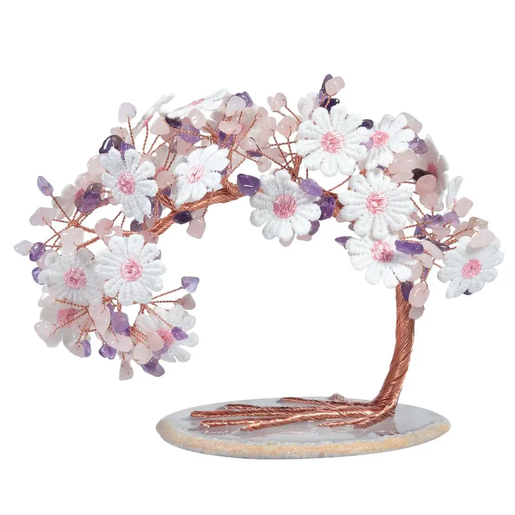 Natural Amethyst Crystal Stone Tree Embroidered Lace Flower Luck Money Tree With Agate Slice Base Desktop Decor Home Ornaments