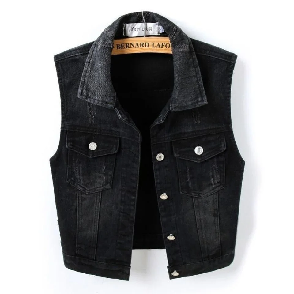 

Women Jacket Vest Denim Vest Women Short Black Spring Autumn Sleeveless Coat Vest Shoulder Strap Plus Size Chaleco Mujer