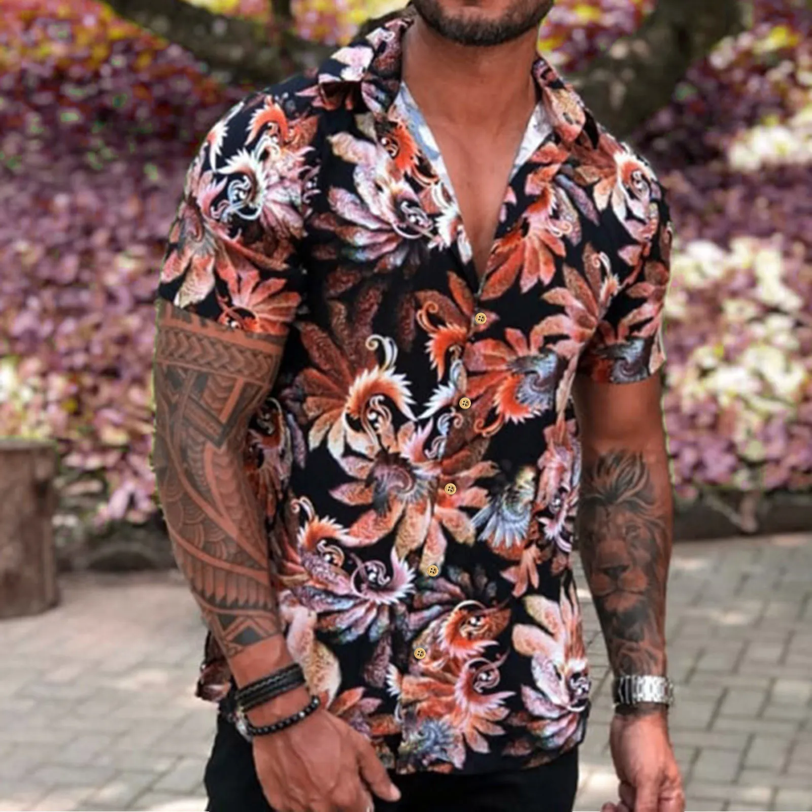 

Long Sleeve Cotton Purple Shirt Mens Fashion And Leisure 3D Digital Printing Buckle Lapel Short Sleeve Navy T Shirt Fashion Men