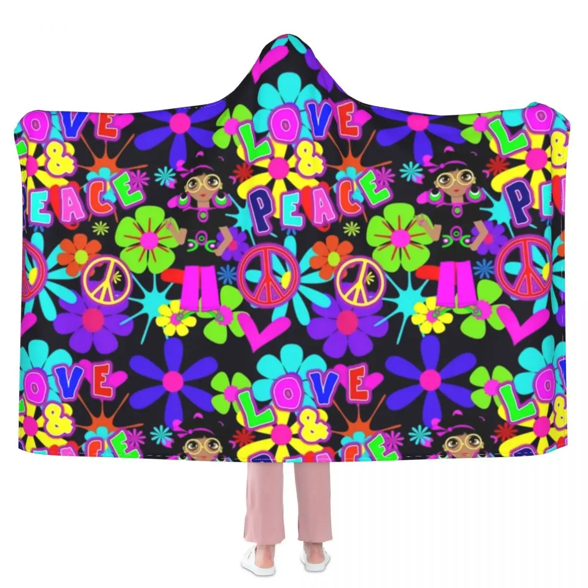 

Hippie Flower Power Blanket Peace Colorful 60s Retro Soft Cheap Hoodie Bedspread Comfy Fleece Armchair Blanket