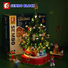 SEMBO 크리스마스 선물 파티 뮤직박스 빌딩 블록, 귀여운 실내 발광 크리스마스 트리 장식품, 어린이 장난감 피규어