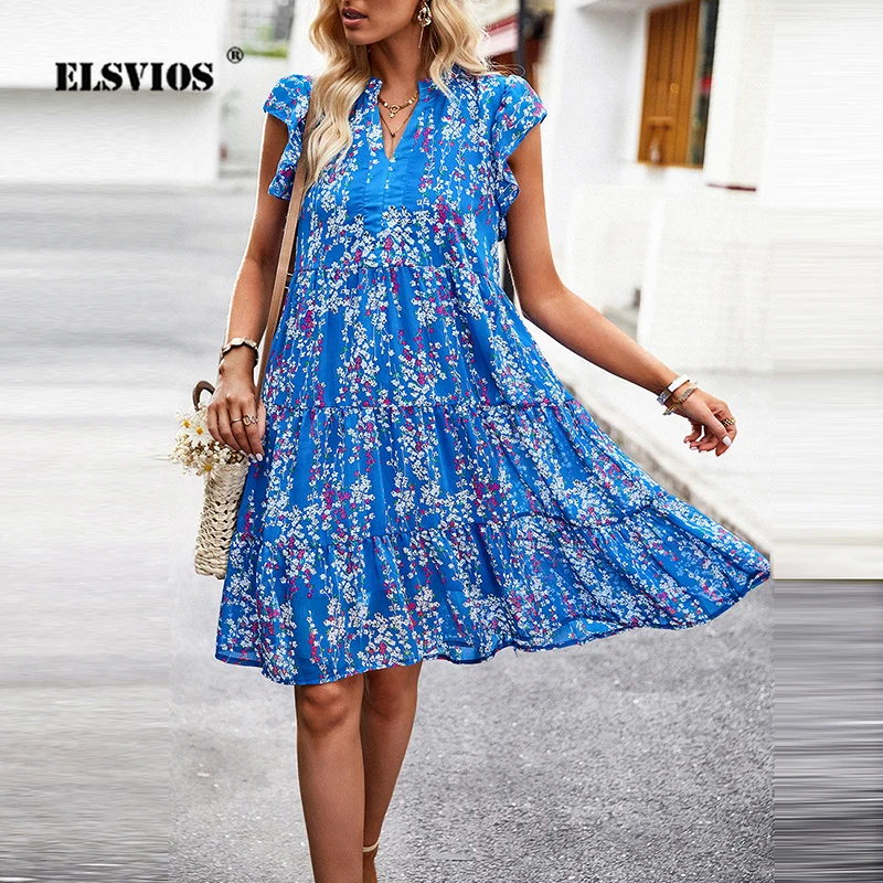 

Summer Sweet New V Neck Dress Flying Sleeves Mid Waist Printed Casual Holiday Party Dresses Elegant Commute Short Dress Vestidos