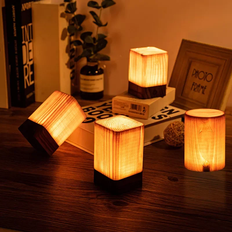 Wood LED Night Light Minimalist Atmosphere Lamp Bedroom Bedside Bar Coffee Touch Induction Lights Creative Gift Desk Lamp