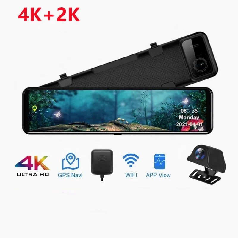 

12 Inch rear view mirror 4K 3840*2160P +2K front and rear Car DVR dashcam car dash camera Dash Cam with WIFI GPS IMX415