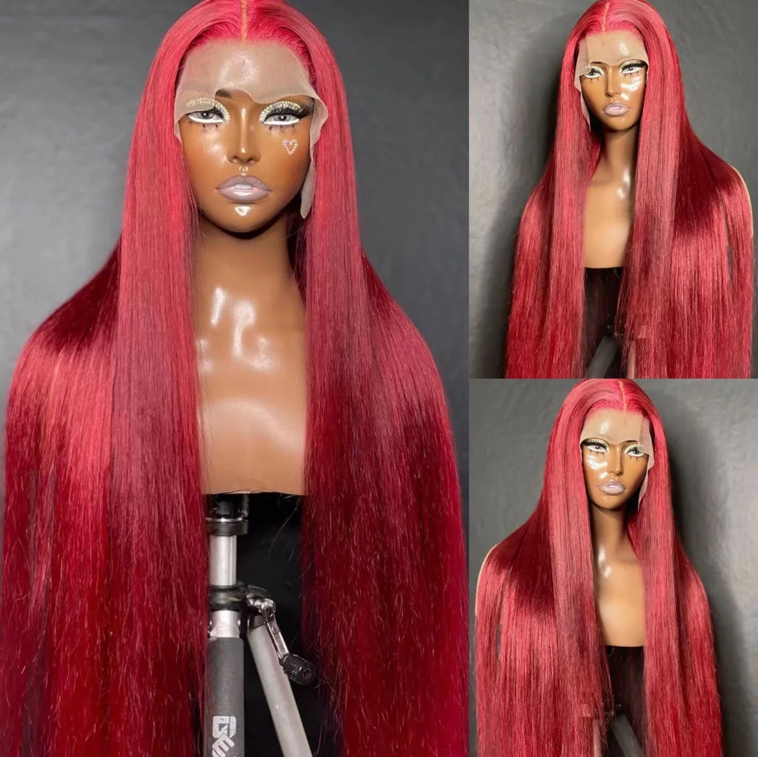 

Brazilian Straight Human Hair Wigs 180 Density Transparent 13x4 Lace Remy Red Human Hair Frontal Wigs PrePlucked Natural Hairlin