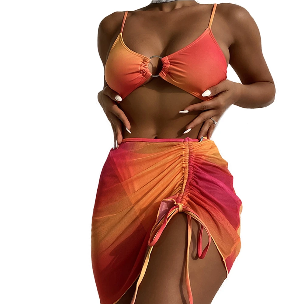 

Женский плиссированный комплект бикини FS, оранжевый купальный костюм из трех предметов с поясом и металлическими кольцами, купальный костюм с высокой талией, 2022