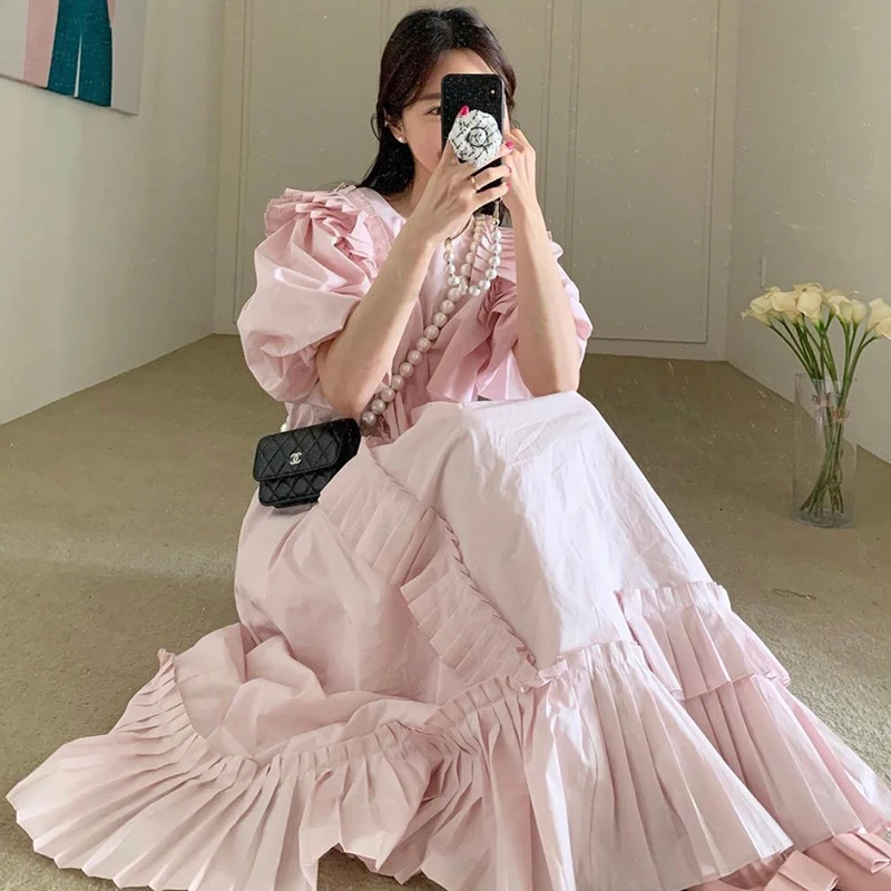 

Clothland Sweet Ruffled Midi Dress Short Sleeve Straight White Pink Preppy Style Cute Chic Summer Dresses Vestido QA879