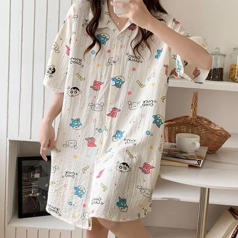 Crayon Shin-Chan Anime Hobby Pajamas Women's Summer New Large Size Cotton and Linen Short-Sleeved Shirt Nightdress Home Service