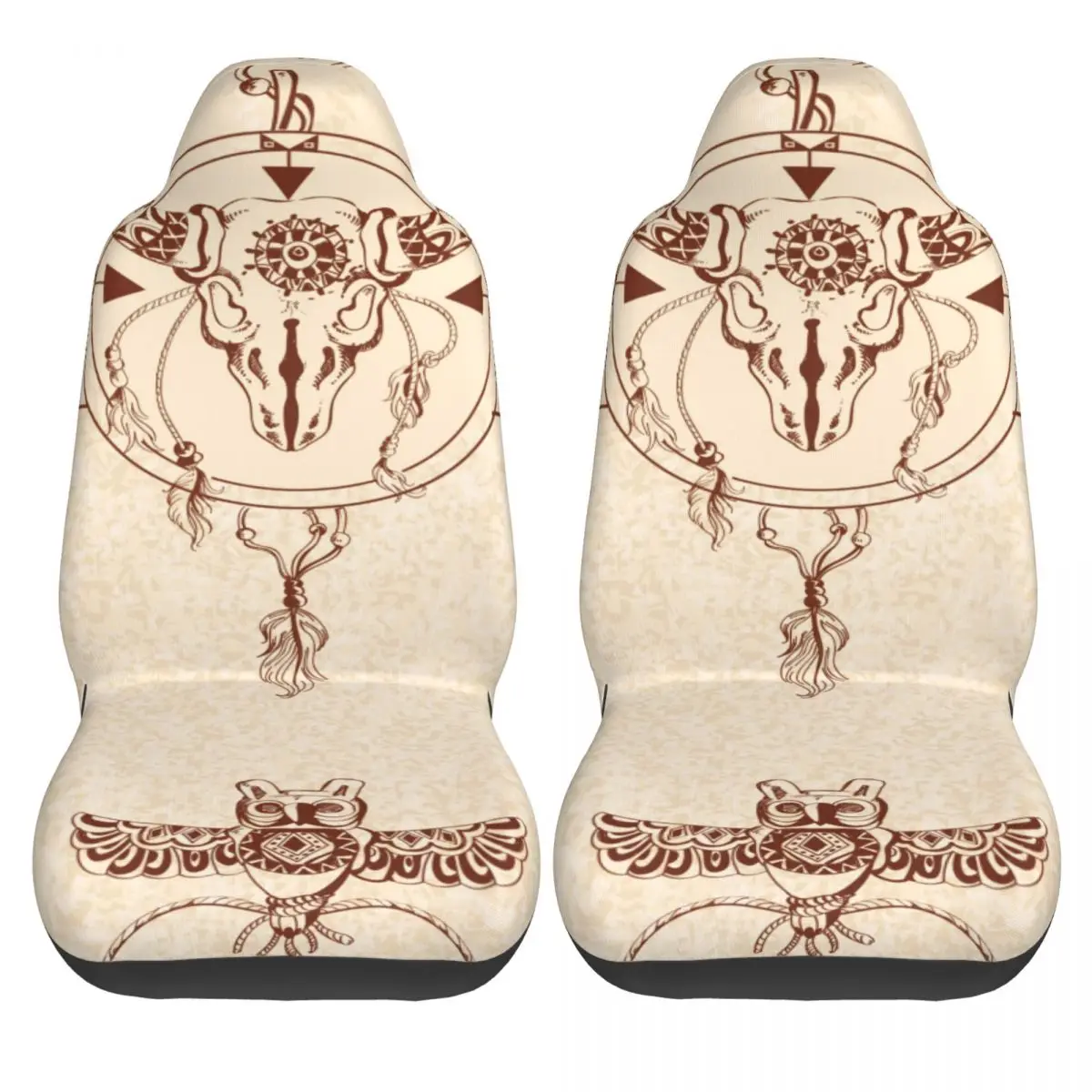 

2PCS Car Seat Covers Set Universal Fit Most Car covers Tribal Sketch With Bull Skull Owl Traditional Totem Car Seat Protector