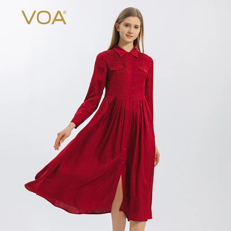 

Платье-рубашка с воротником поло VOA Silk 22 в момме, Красное Жаккардовое платье-поло с длинными рукавами, однотонное платье-рубашка с фальш-карм...