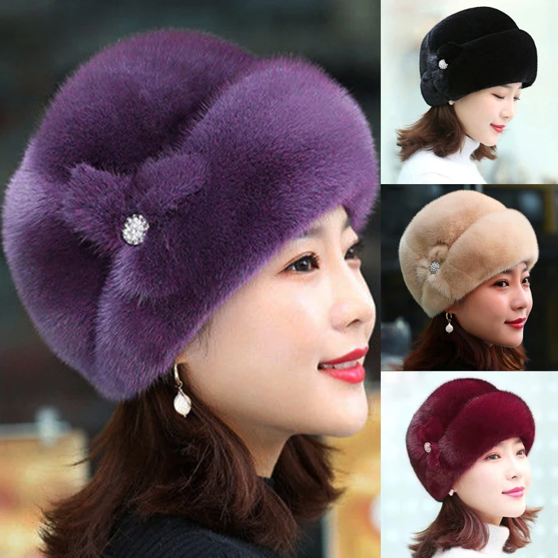 

New Russian Fur Ski Hat Winter Warm Imitation Mink Fur Caps For Women Earflap Fisherman Earwarmer Hat Floral Basin Cap