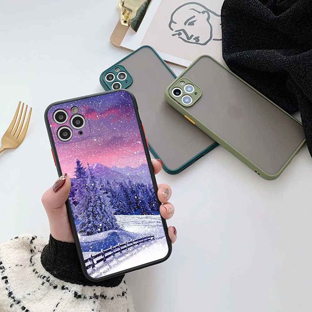 Skin Feel Translucent Phone Case For iPhone 16 Pro Max 15 14 13 12 11 7 8Plus SE Mini XR Ice Mountains Snow Frosted Black Cover