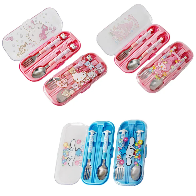 

3Pcs/set Kawaii Sanrio Cutlery Cute Hellokittys My Melody Cinnamoroll Cartoon Children Fork Spoon Chopsticks Set for Kids Gift