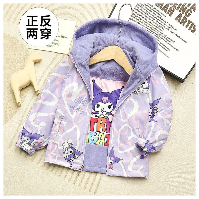

Cartoon Sanrioed Kuromi Double-sided Printed Children's Fashion Charge Coat Kawaii Autumn Winter Warm Jacket Kids Clothing Gift