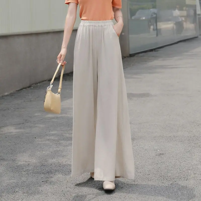 

2023 Elastic High Waist Solid Color Wide Leg Pants Women's Clothing Spring Summer Casual Loose Full Length Trousers Female Q14