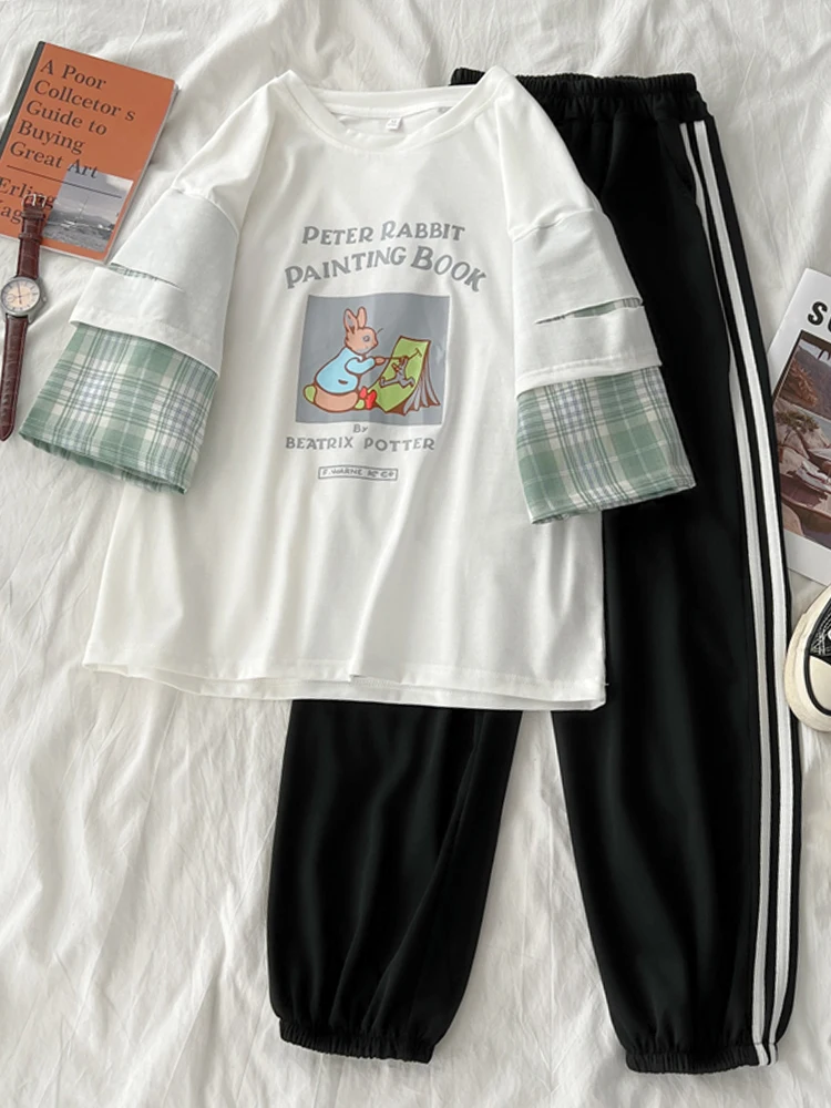 

young girl Casual loose Sport kawaii Suit summer 2pcs Women Set Outfits short Sleeve t-shirt + Long Pant sets student Tracksuits