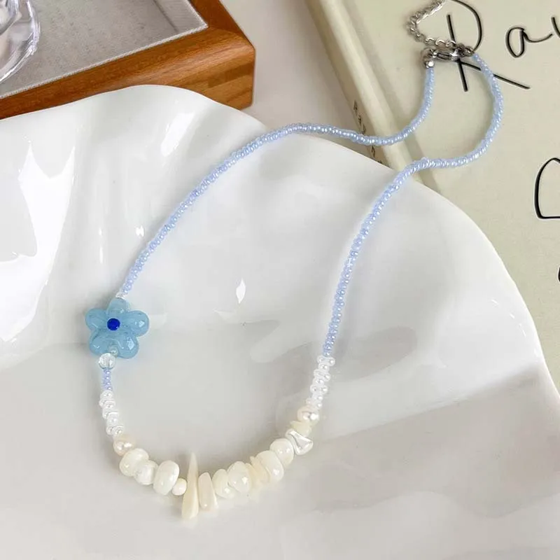 

Blue Bead Necklace for Women Neck Chains Boho Choker Necklaces Irregular Seashell Bead Jewelry On The Neck Summer Accessories