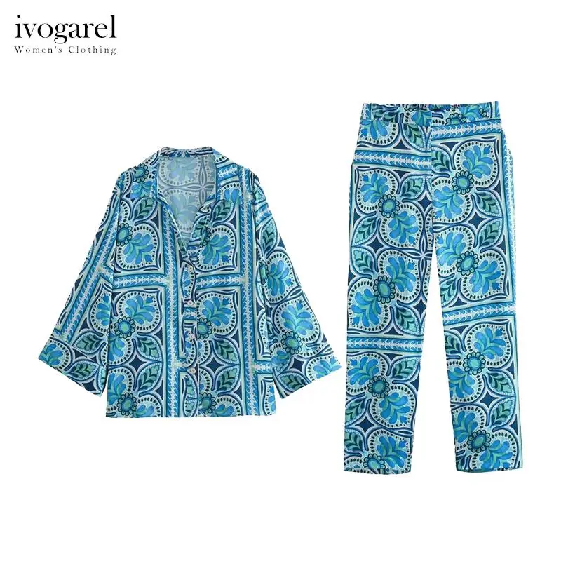

Ivogarel Oversized Printed Shirt and Cropped Trousers Set Long Sleeves Collared V-Neck Shirt Mid-Waist Pants Elastic Waistband
